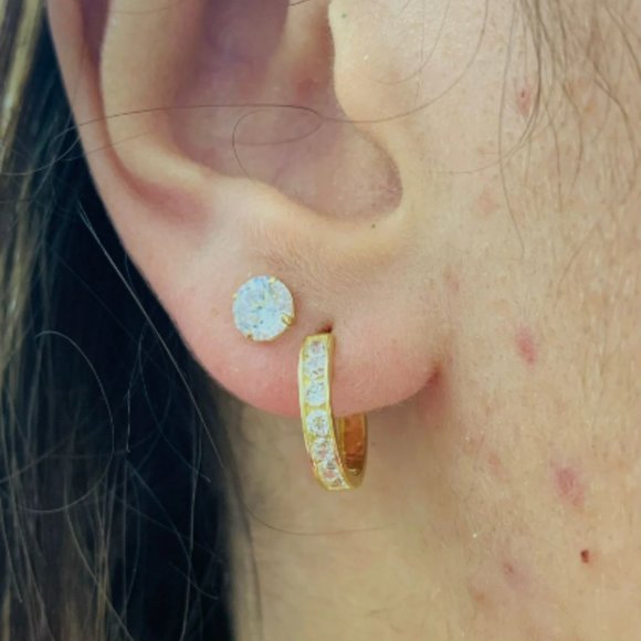 2 Pairs Earrings Stud Huggies Hoop Earrings for WOMENS 10K Yellow Gold CZ Stones - Picture 4 of 5